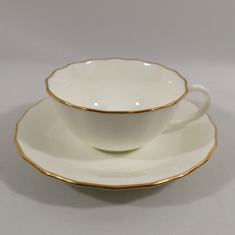 Vintage Noritake Teacup and Saucer Set, Brilliant White Embossed Swirl Gold Trim
